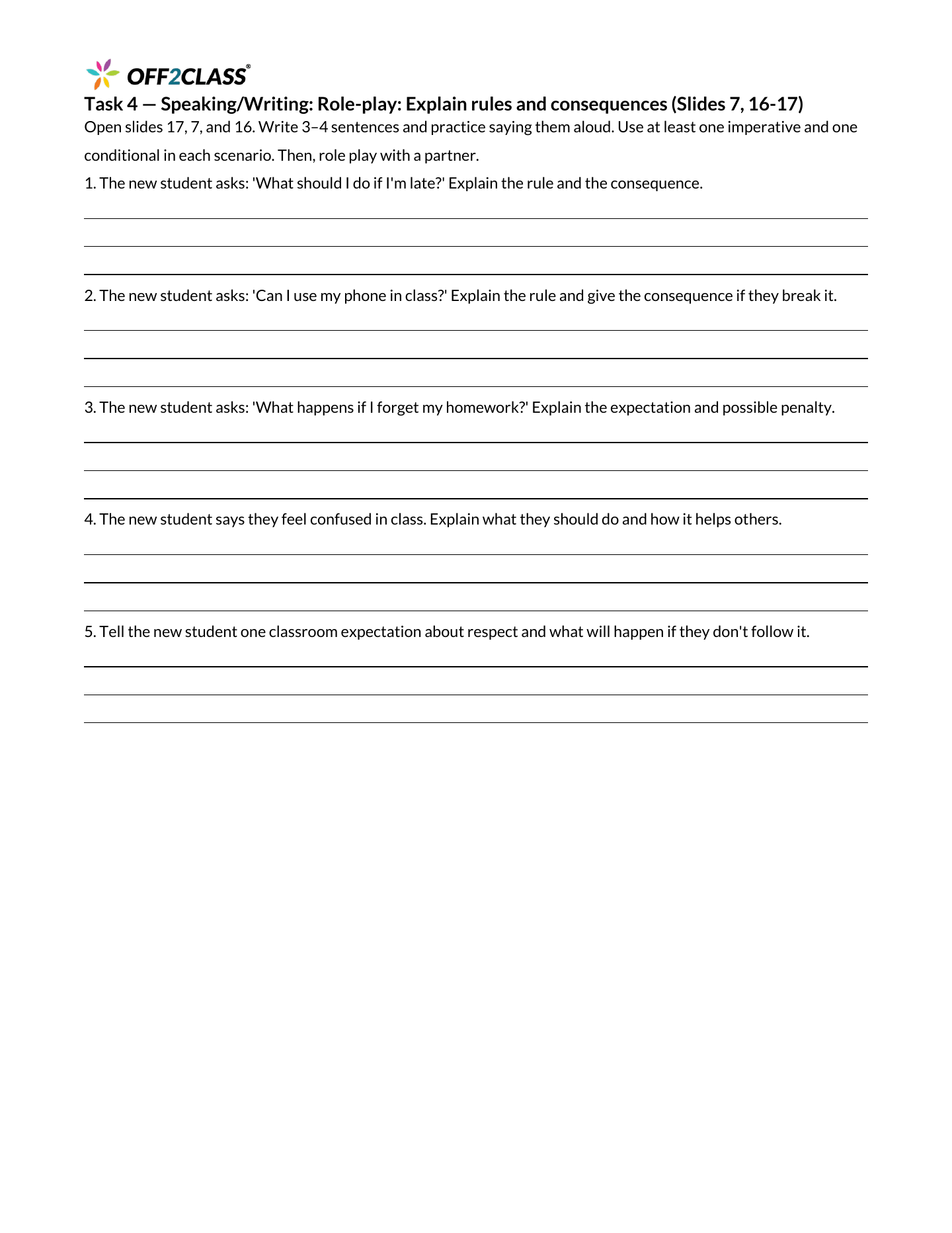 Page 2 of 3 of the School rules student handout.