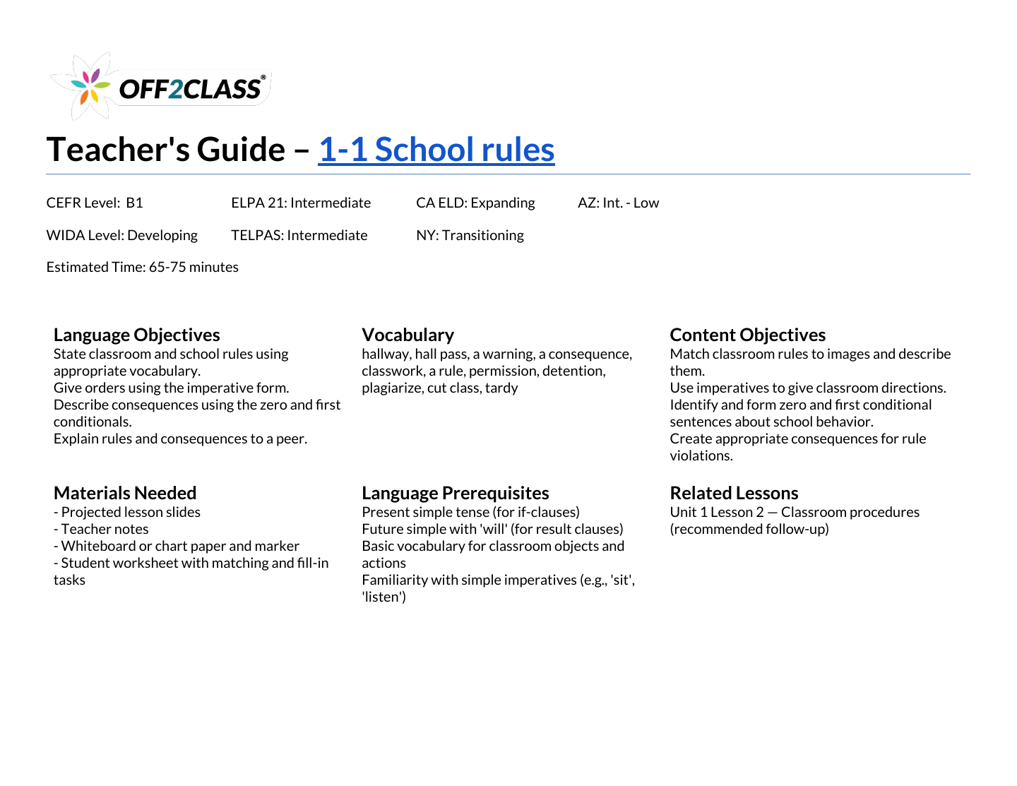 Page 1 of 7 of the School rules teacher guide.