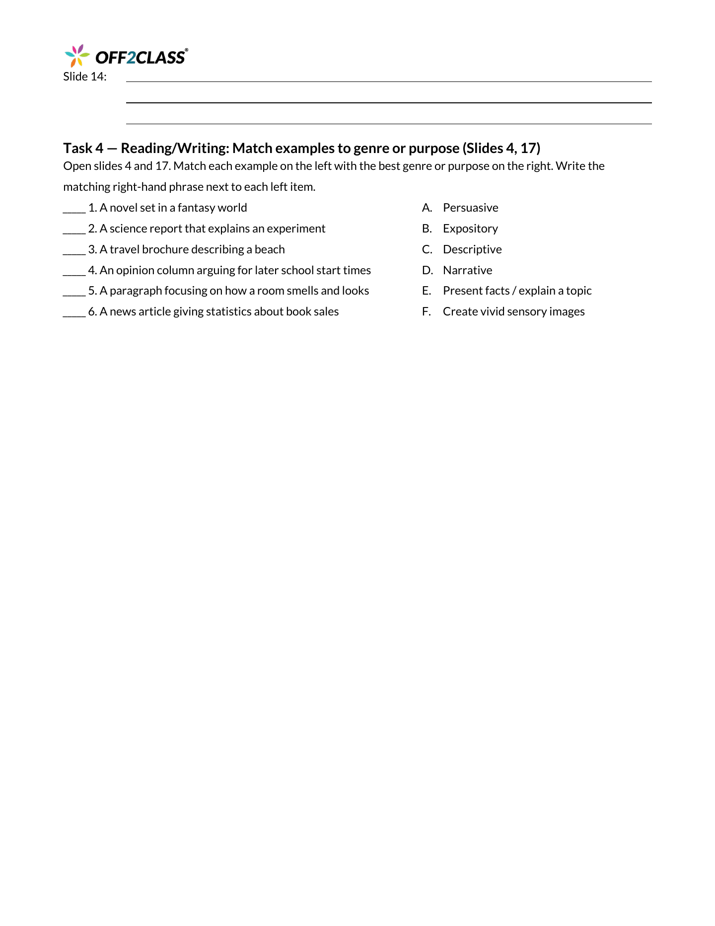 Page 2 of 3 of the Genres of language student handout.