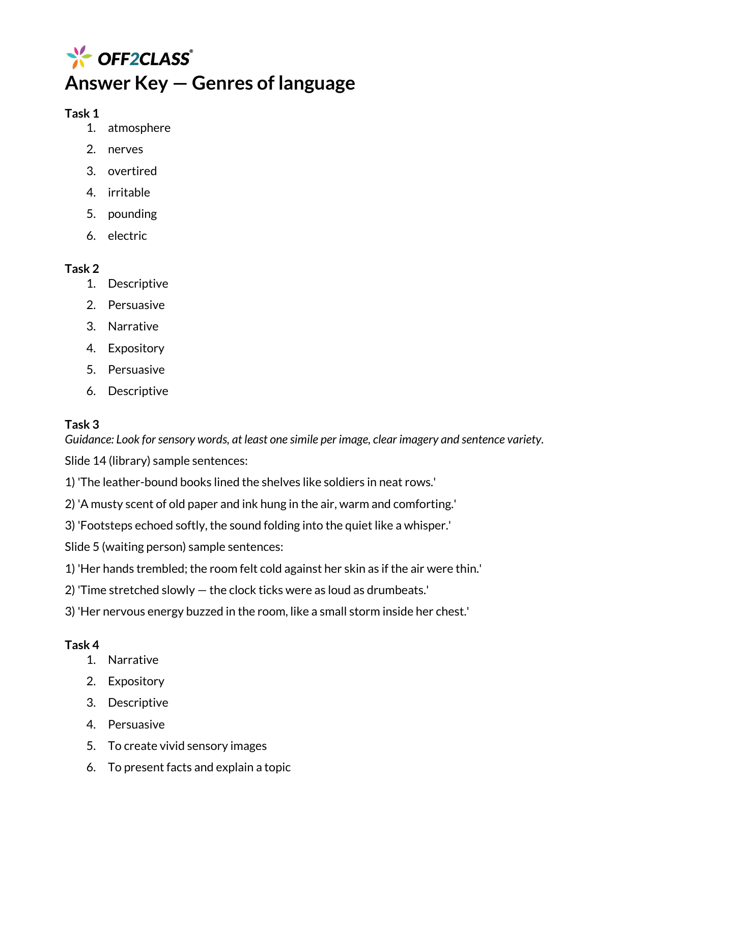 Page 3 of 3 of the Genres of language student handout.