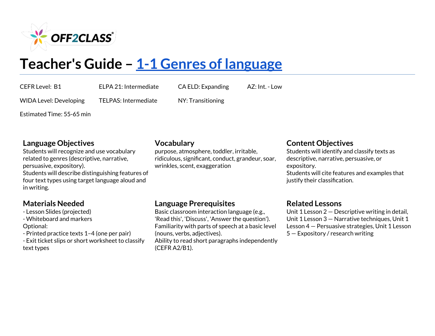 Page 1 of 7 of the Genres of language teacher guide.