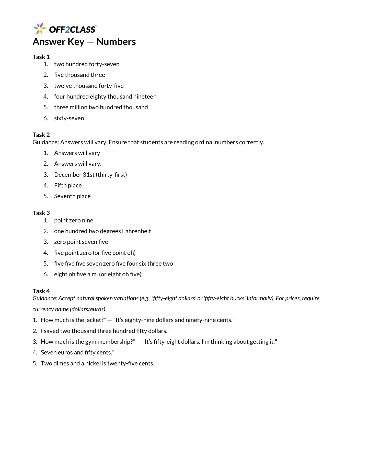 Page 3 of 3 of the Numbers student handout.
