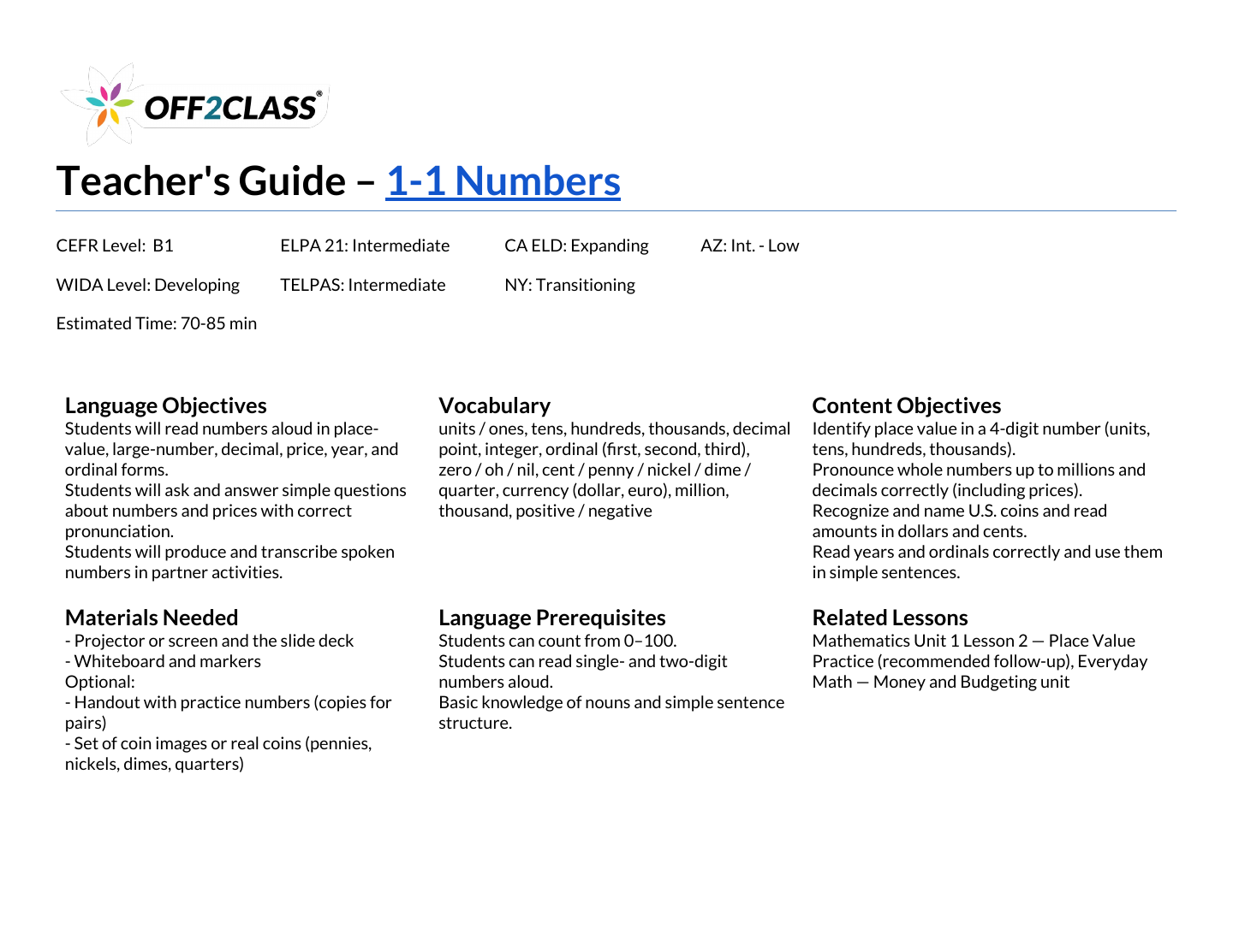 Page 1 of 7 of the Numbers teacher guide.