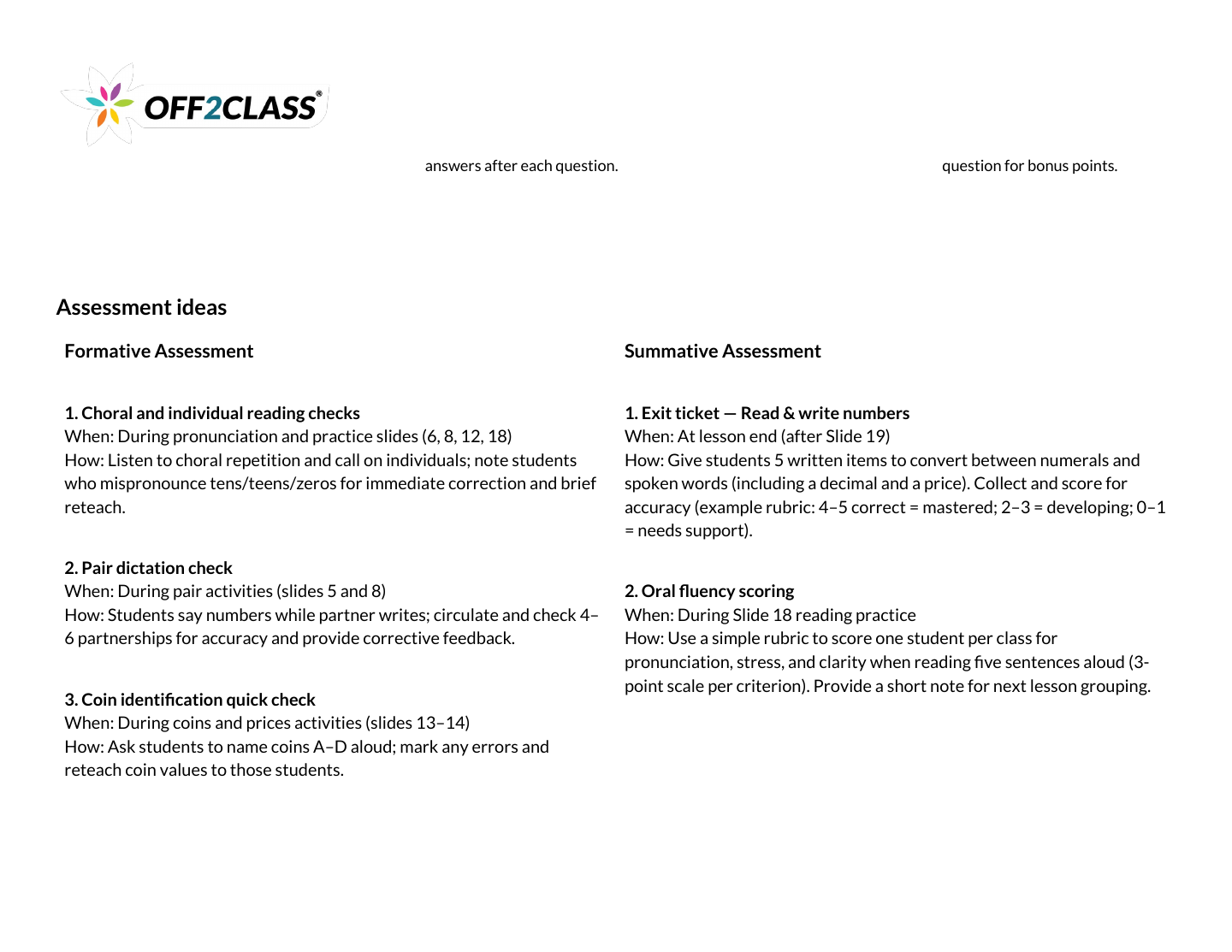 Page 7 of 7 of the Numbers teacher guide.