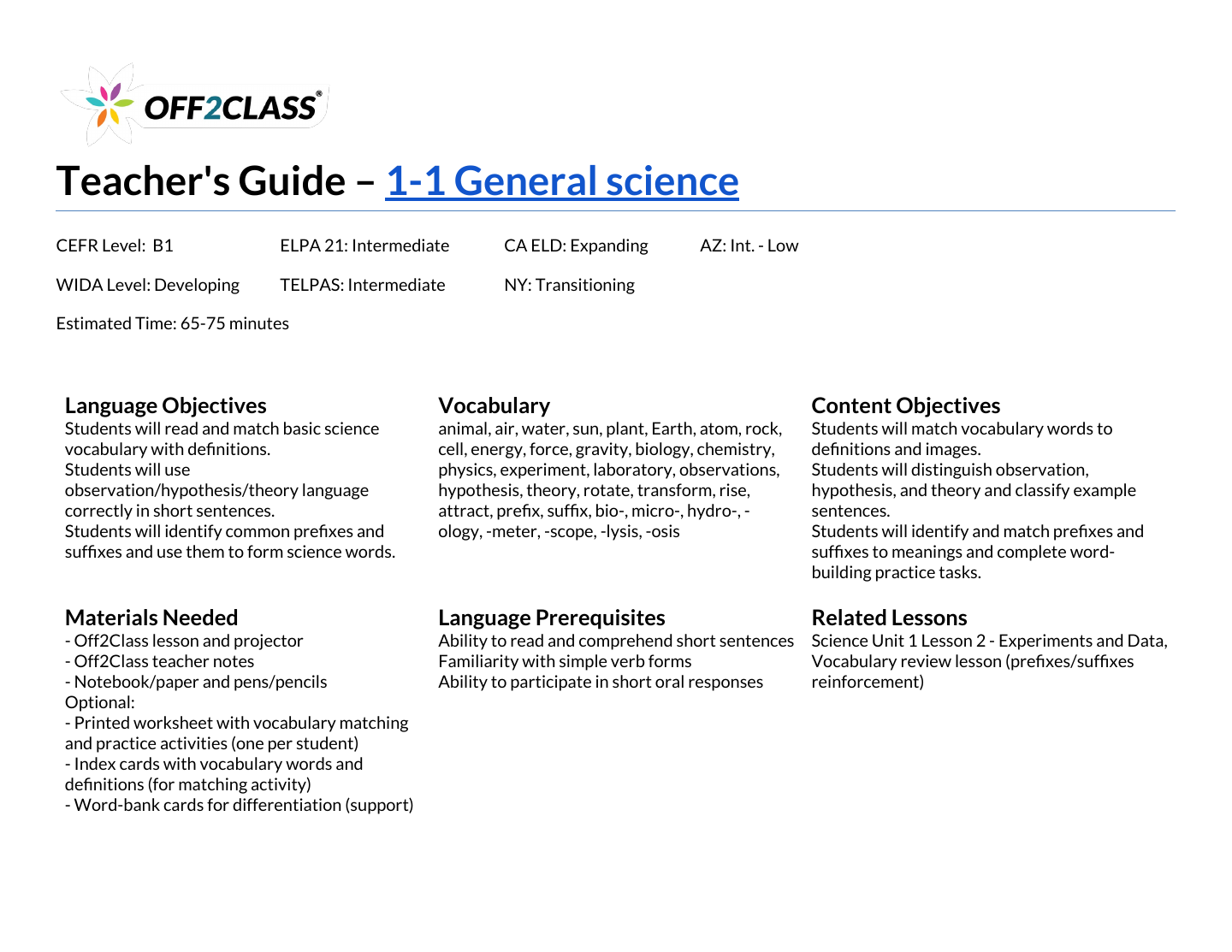 Page 1 of 6 of the General science teacher guide.